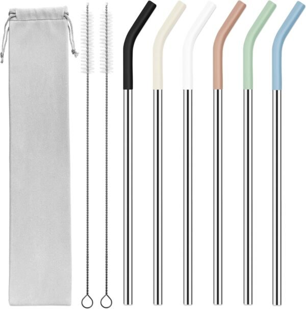 40 oz Stainless Metal Straws for 40 oz Stanley Tumbler, 6 Straws Reusable Straight Long Steel Straws with 12 Silicone Tips and 2 Straw Cleaning Brushes (6Color1, 40oz)