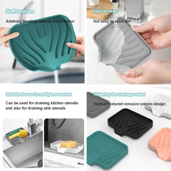 Silicone Soap Dish with Drain Spout - Self Draining Bar Soap Holder for Shower Bathroom Sink, Drying Soap Dish Tray Kitchen Sponge Holder Easy Cleaning Soap Saver Mat 4.7"×3.9" (White, Trumpet) - Image 5