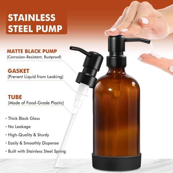 Kitchen Soap Dispenser Set with Tray, Amber Glass Soap Dispenser with Stainless Steel Pump, Hand and Dish Soap Dispenser Set, 12 Pack Labels & Instant Dry Tray, Bathroom Soap and Lotion Dispenser - Image 3