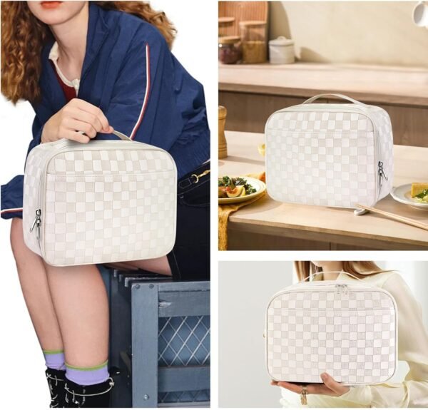Mziart PU Leather Lunch Bag Lunch Box for Women Men, Reusable Lunch Tote Bags Meal Prep Containers Portable Leakproof Insulated Cooler Bag Food Handbags for Work Office Picnic Beach Travel (White) - Image 6