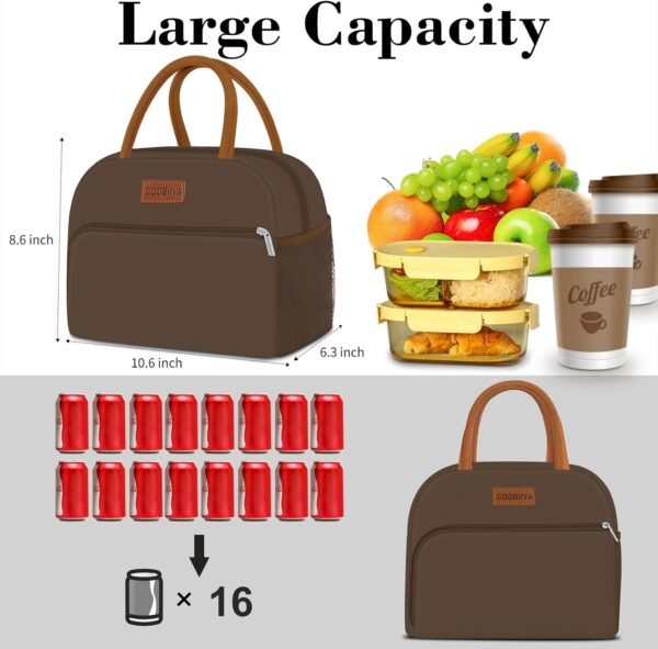 Coobiiya Lunch Bag Women, Lunch Box Lunch Bag for Women Adult Men, Small Leakproof Cute Lunch Tote Large Capacity Reusable Insulated Cooler Lunch Container for Work/Office/Picnic/Travel-Brown - Image 3