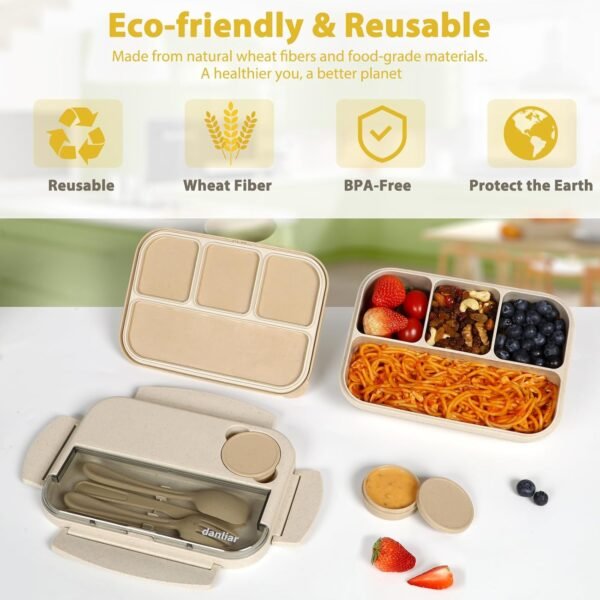 Bento Lunch Box for Kids, Wheat Straw 5.5 Cups Leakproof Adult Bento Box with 2 Sauce Jars, 4 Compartments Lunchable Snack containers, Utensils, Microwave & Dishwasher Safe (Wheat Straw Beige) - Image 2