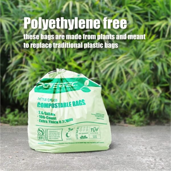 POWERTEC Compostable Bags, 2.6 Gallon (9.84 Liter), 100 Count, Extra Thick 0.71 Mil Kitchen Scrap Waste Bag, ASTM D6400 US BPI & European OK Compost Home Certified, Biodegradable Yard Waste Trash Bag - Image 4