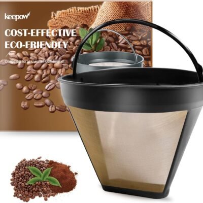 KEEPOW Reusable Coffee Filter Replacement 14 cup Compatible with Cuisinart DCC-3200 DCC-1200 Coffee Maker, Gold Tone Coffee Filter Basket 10 12 14 Cup