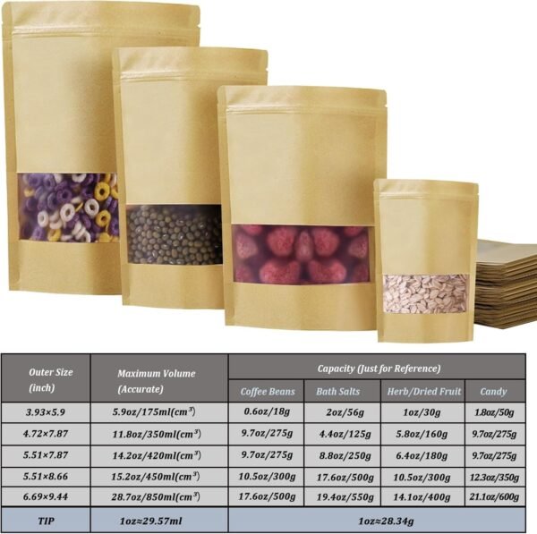 100 PCS Resealable Bags, Stand Up Kraft Paper Bags with Matte Window, Zipper Lock Food Storage Bags for Small Business and Home, 5.51 * 7.87 Inch Reusable Sealable Bags for Packaging - Image 3