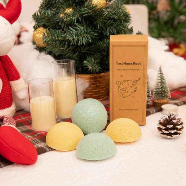 myHomeBody Natural Konjac Facial Sponges - for Gentle Face Cleansing and Exfoliation (2 Turmeric Yellow, 2 Aloe Green) - Image 2