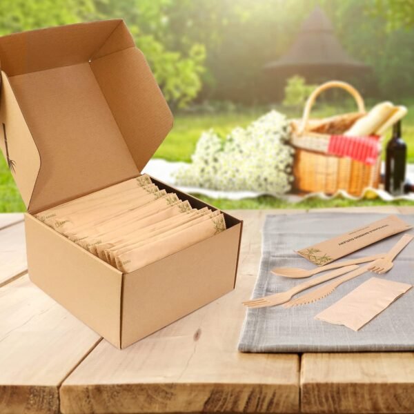 Bamboo Utensils with Napkin-58 Pack Individually Wrapped (6.7" 58 Forks 58 spoons 58 Knives 58 Napkins) Disposable Bamboo Cutlery Travel Set Compostable Biodegradable Fork Knife Spoon and Napkin - Image 3