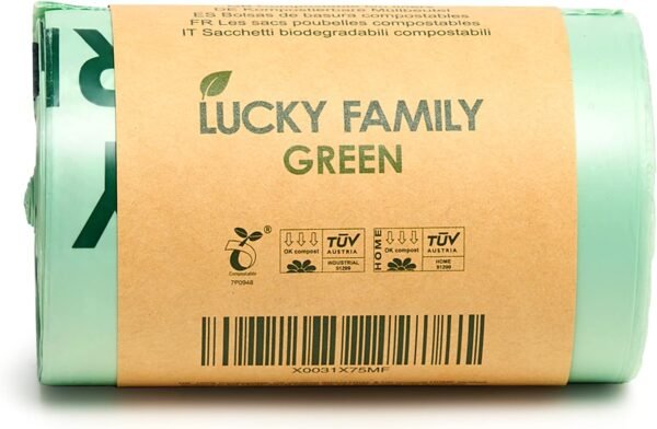 Lucky Family Green Compost Bags for Kitchen Countertop Bin -1.3 gallon trash bags to 1.6 Gallon trash bags - 100% Compostable Trash Bags for Food Waste, Organic Biodegradable Trash Bags - 50 Bags Roll