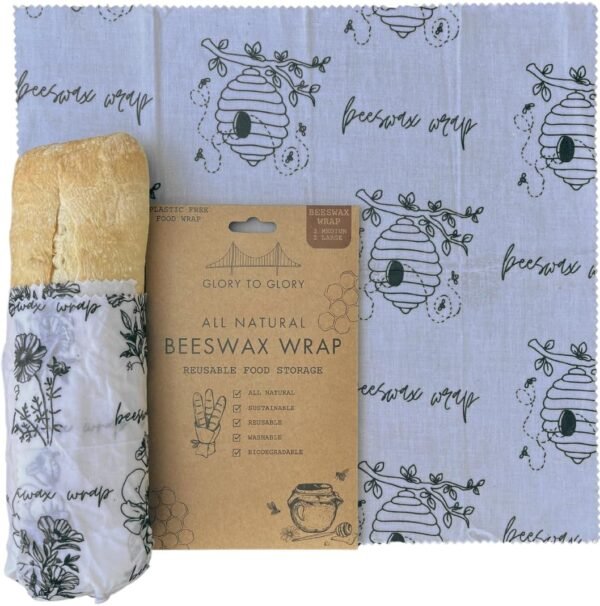 Beeswax Wraps For Food | All Natural Beeswax Wrap | 4 Pack Beeswax Wraps (2L, 2M) | Reusable beeswax food wrap | Use as sourdough bread bags | Fold into an eco friendly bread bag