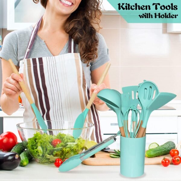 Silicone Kitchen Utensils Set - Heat Resistant Silicon Cooking Utensils, Wooden Handle Kitchen Utensil Set with Holder, Spoon Spatula Turner Tongs Whisk Kitchen Tools for Nonstick Cookware (BPA Free) - Image 7