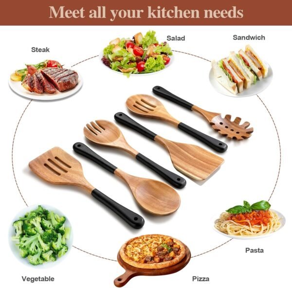 Wooden Spoons For Cooking, 6 PCS Natural Acacia Wooden Cooking Utensils or Non-Stick Wooden Kitchen Utensil Set for Kitchen Essentials, Smooth Grip Wooden Cooking Spoons with Hanging Hole, Black - Image 9