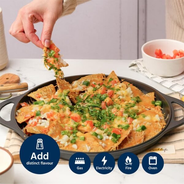12" Smooth Cast Iron Griddle with Pan Scraper and Mesh Dish Scrubber, Round Pre-Seasoned Griddle Pan for Stove Top, Easy to Clean & Maintain Pizza Pan, Dishwasher & Oven Safe Stovetop Griddle - Image 5