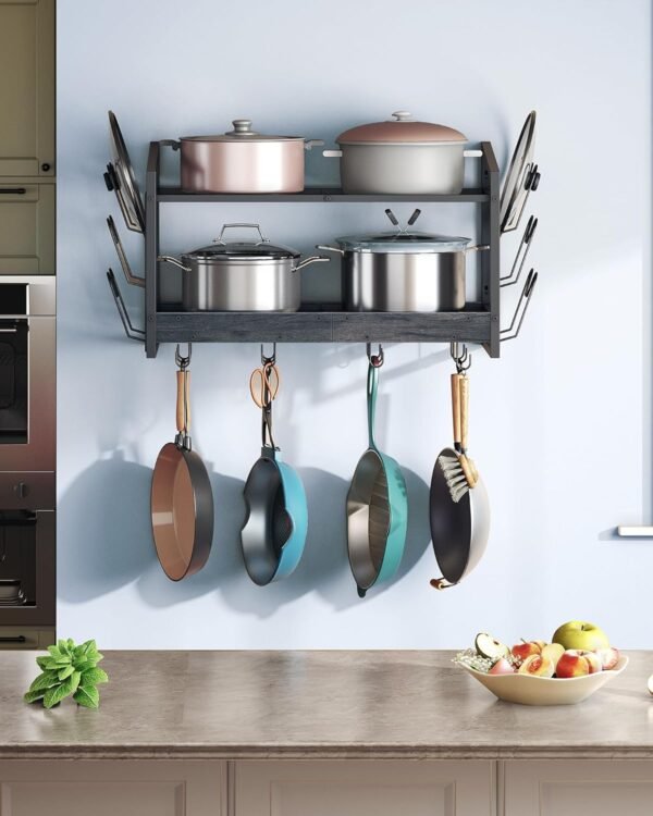 Hanging Pot Rack, Pot Rack Wall Mounted, 2-Tier Kitchen Pot and Lid Organizer, Wall-Mounted Cookware Holder with 12 Hooks, for Kitchen Storage of Pots, Pans, Utensils, Charcoal Black TPR02BC - Image 6