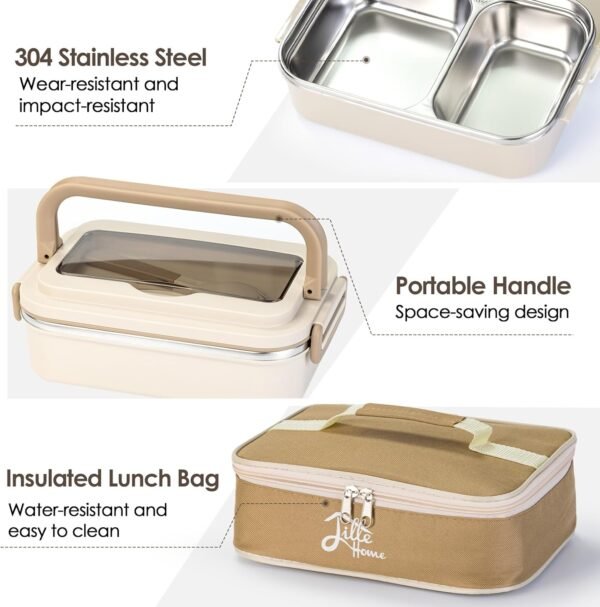 Lille Home Stainless Steel Bento Lunch Box – 2-Compartment Steel Lunch Box for Adults, Leakproof Lunch Containers, Includes Carry Handle, Lunch Bag, and Cutlery Set, BPA Free - Image 4