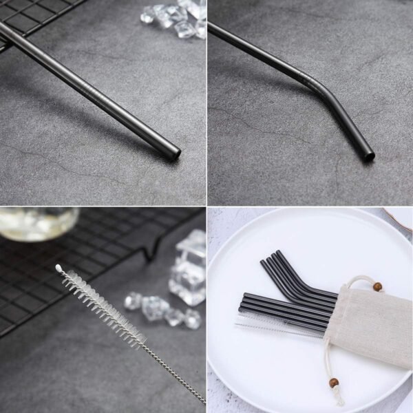 18 Piece Black Stainless Steel Straws, 8.5 '' Reusable Drinking Straws,with Portable pouch (8 Straight/8 Bent/2 Brushes) - Image 5