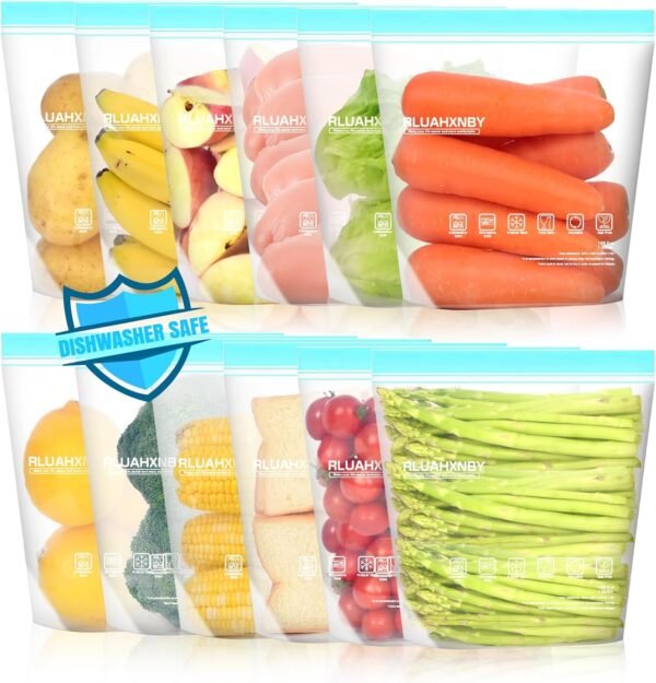Reusable Freezer Bags Dishwasher Microwave Safe, Stand Up Silicone and BPA Free Reusable Sandwich Bags, Leakproof Reusable Food Storage Bags for Meal Prep - 12 Gallon (12) (12packs)
