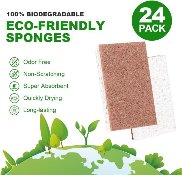 HOMEXCEL Natural Scrub Sponges Kitchen 24 Pack, Non-Scratch Cleaning Sponges for Dishes, Cellulose Sponges Safe on Non-Stick Cookware, Dual Sided Dish Sponge for Washing Dishes, Kitchen and Household - Image 2