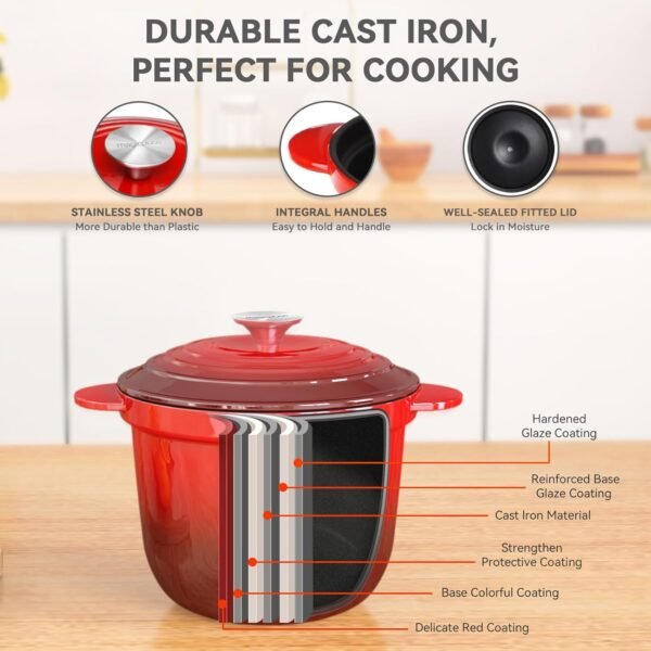 2 Quart Dutch Oven Pot with Lid, Enameled Cast Iron Dutch Oven, Cast Iron Pot for Cooking, Red - Image 6