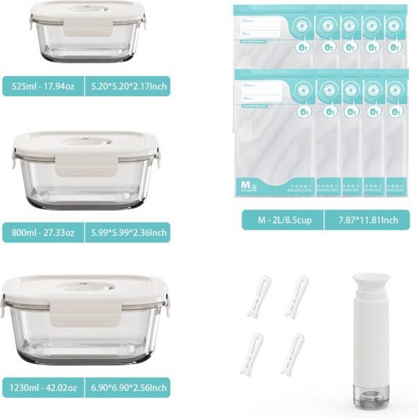 Vacuum Seal Glass Food Storage Containers with Sous Vide Bags, Meal Prep Container with Airtight Locking Lids for Lunch, BPA Free, Leak Proof, Long-Lasting Freshness-Square Set - Image 2