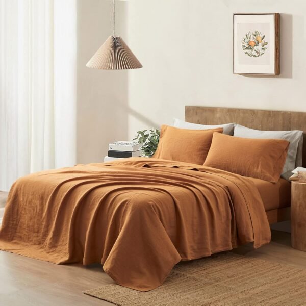 ATLINIA Bedding Linen Sheets Set Bed - 100% French Linen Sheets King Size Organic Flax Bedding Farmhouse Boho Style - Deep Pocket Fitted Sheet & Flat Sheet & 2 Pillowcases (Rust, King) - Image 2