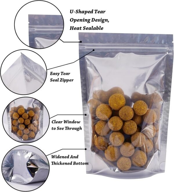 100 Pack Mylar Bags for Food Storage Resealable Aluminum Foil Clear Stand Up Pouch with Front Window 6.29×9.44 Inch Reusable Zipper Lock Food Packaging Heat Seal Bags for Small Business and Home - Image 2