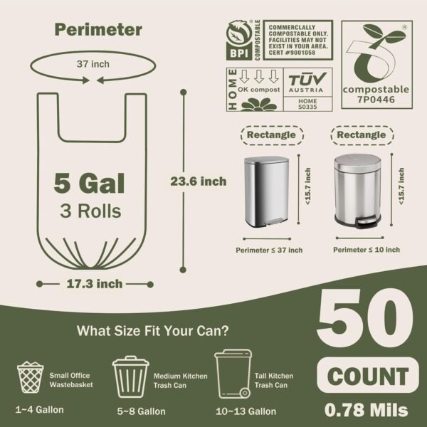 5 Gallon Compostable Handle Trash Bags Compost Food Scrap Waste Bags with US BPI ASTM D6400 and Europe OK Compost Home Certified 50 Couts - Image 2