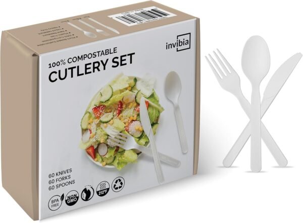 Compostable Cutlery Set | Compostable Bamboo Utensils, Disposable Cutlery Set - Compostable Forks & Bamboo Spoons | Biodegradable Cutlery Serving Utensils Picnics | 180 Counts