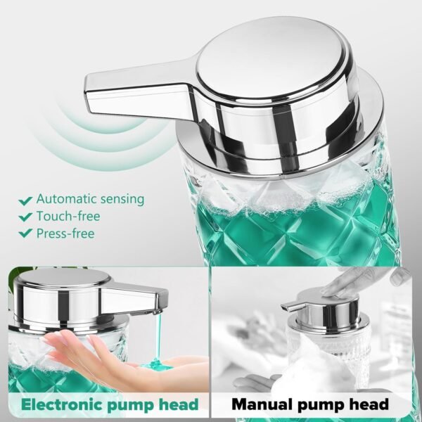Automatic Liquid Soap Dispenser Touchless Auto Glass Clear Diamond Design Hand Lotion Soap Dispenser with Pump Electric Hands Free Modern Dish Soap Dispenser Rechargeable for Kitchen Bathroom - Image 2