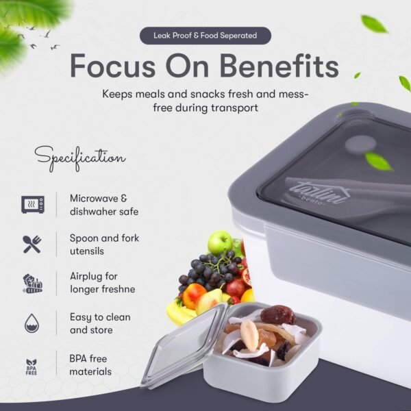 TARLINI | Bento Box for Adults with Utensils, Bento Box Adult Lunch Box, Stackable Lunch Container with Compartments, Japanese Bento Boxes, Lunch Containers for Men and Women - 40 Fl Oz, White - Image 3