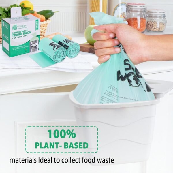 Compostable Trash Bags 3 Gallon: Biodegradable Small Compost Bags, 11 Liters Kitchen Food Scrap Compost Bin Bags,1.5 Mil, Extra Thick Kitchen Compost Bags for Countertop Bin (100 Count,1.5 Mil) - Image 3
