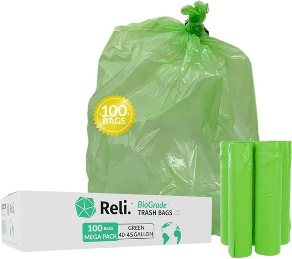 Reli. Biodegradable 40-45 Gallon Trash Bags | 100 Count | ASTM D6954 | Green | Eco-Friendly | Oxobiodegradable Under Certain Conditions (See Product Description)