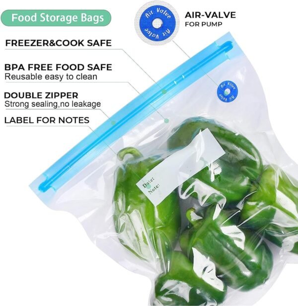 Sous Vide Bags 31Pcs, Reusable BPA Free Vacuum Sealer Bags (8.5 * 8.5in) Vacuum Food Storage Bags for Cooking/Food Storage/Microwave Heating - 24Pcs Vacuum Zipper Bags & 2 Seal Clips & 5 Air Valves - Image 3