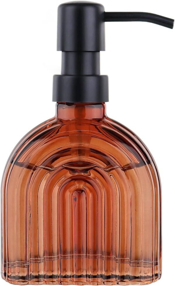 Glass Soap Dispenser for Kitchen and Bathroom Contertop Wash Hand Liquid, Dish Detergent, Farmhouse Style Shampoo Lotion Pump (1, Brown Glass with Black, 4" x 2"x 6-5/8")