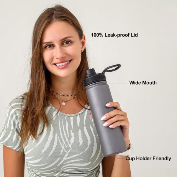 mininoo 24 oz Insulated Water Bottle with Straw, Stainless Steel Double Wall Vacuum Thermos with Straw Lid & Chug Lid, Leak Proof, BPA Free, Keep Cold for 24H & Hot for 12H-2 pack(Grey) - Image 6