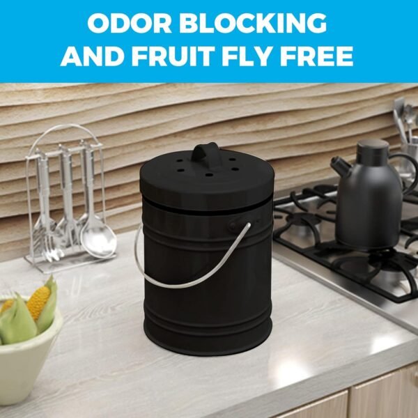 Cooler Kitchen 3 Liter Black Countertop Compost Bin - Kitchen compost bin with EZ-No Lock Lid, Plastic Liner & Charcoal Filters - Sturdy Construction & Odor-Free Seal to Prevent Smell, Dishwasher Safe - Image 2