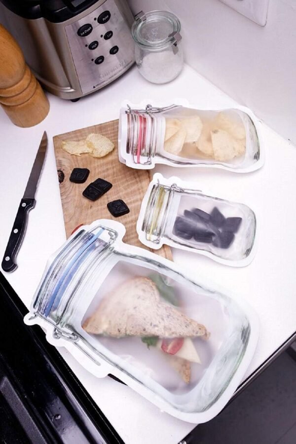 50Pcs Mason Jar Pattern Food Storage Bag Reusable Portable Stand Up Smell Proof Ziplock Bags Snack Saver Container Retail Package Bag Frosted Pouches Red 7.6×5.4in (19.5×13.7cm) - Image 5