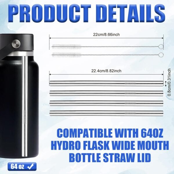 4pcs Metal Press in Straw Replacement with 2pcs Straw Brushes for Hydro Flask, Silver Stainless Steel Practical Straws Replacement Accessories Compatible with Hydroflask Wide Mouth Water Bottle 64oz - Image 2