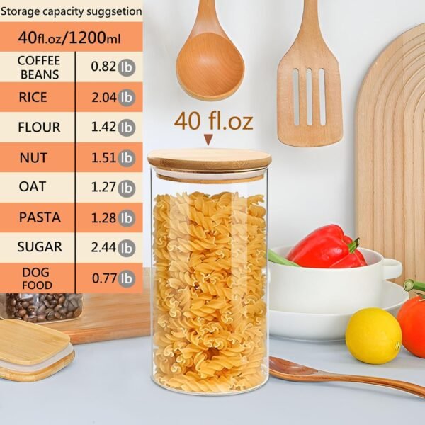 Airtight Glass Storage Canister with Wood Lid(40 fl.oz), Clear Food Storage Container Jar with Sealing Bamboo Lid for Noodles Flour Cereal Rice Sugar Tea Coffee Beans, Round Set of 3 - Image 3