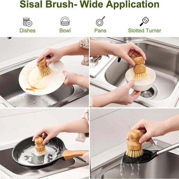 Bamboo Dish Scrub Brushes, Kitchen Wooden Sisal Natural Dish Brush, Cleaning Scrubbers Set for Washing Cast Iron Pans and Vegetables (Ceramic Dish+ 1P Sisal) - Image 6