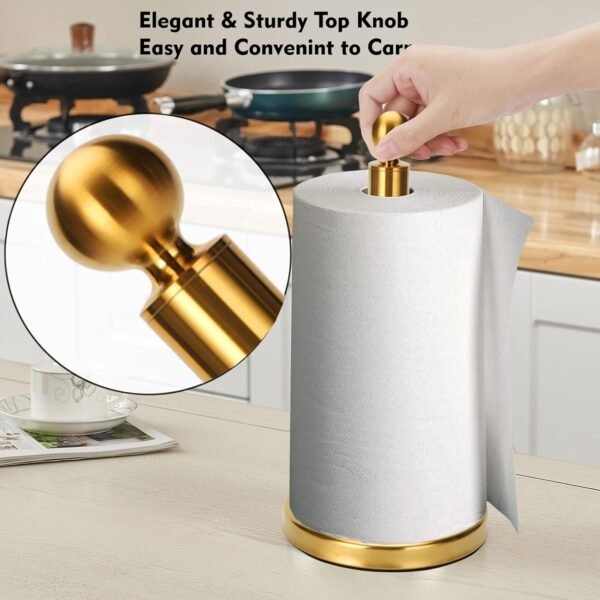 Gold Paper Towel Holder Countertop, Standing Paper Towel Roll Holder for Kitchen Bathroom, with Weighted Base for One-Handed Operation (Stainless Steel Base, Gold) - Image 3