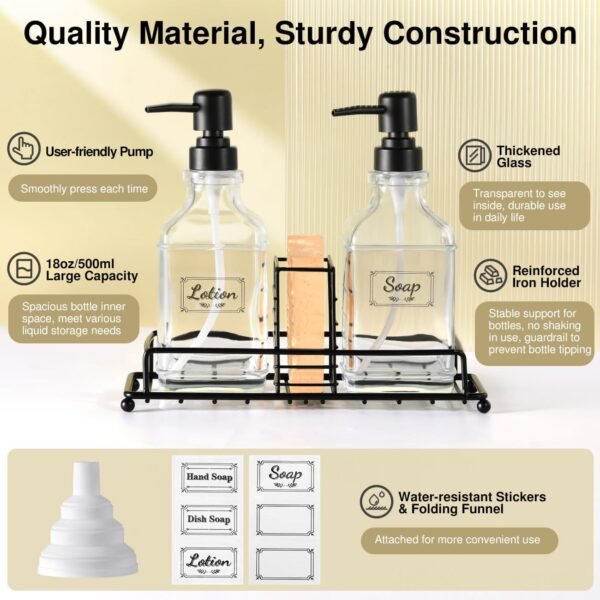 Shinowa Kitchen Soap Dispenser Set, Hand and Dish Soap Dispenser Set with Tray, 2-Pack Thick Glass Soap Dispenser for Kitchen & Bathroom, Soap and Lotion Dispenser Set Kit with Pump - Image 3