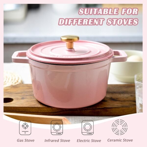 Enameled Cast Iron Dutch Oven, Pink Nonstick Dutch Oven Pot with Lid, Round Enamel Cookware for Braising Stewing Roasting Baking, Good Sealing, Cooking Pot Suitable for All Stoves (Pink) - Image 6