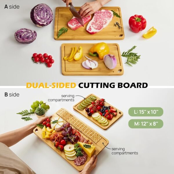 Bamboo Cutting Board, Durable Wood Cutting Boards for Kitchen with Deep Juice Grooves & Built-in Handles (L+M Natural) - Image 4