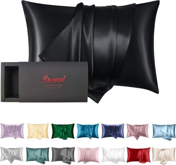 Organic Silk Pillowcase for Hair and Skin Made in USA, Black Silk Pillow Cases, 22 Momme Natural Mulberry Silk Pillowcase, Oeko-TEX Certified 100% Pure Silk, Anti Acne, 1 Pc 20"x26" (Standard, Black)
