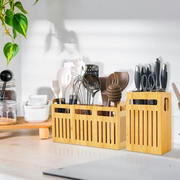 Large Bamboo Utensil Holder Set, Kitchen Utensil Organizer with Removable Divider, 3 Compartments Utensil Caddy for Kitchen Countertop (Bamboo) - Image 7