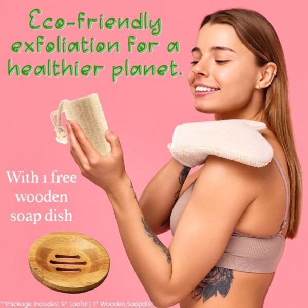 Natural Loofah Sponge with Bamboo Soap Dish Set, 9 pcs Organic Loofah Sponge - Exfoliating Body Scrub for Bath & Shower, Gentle Natural Loofah Exfoliating Body Scrubber - Exfoliating Body Scrubber - Image 3