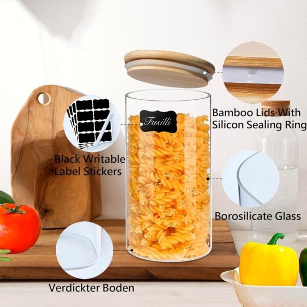 Airtight Glass Storage Canister with Wood Lid(40 fl.oz), Clear Food Storage Container Jar with Sealing Bamboo Lid for Noodles Flour Cereal Rice Sugar Tea Coffee Beans, Round Set of 3 - Image 4