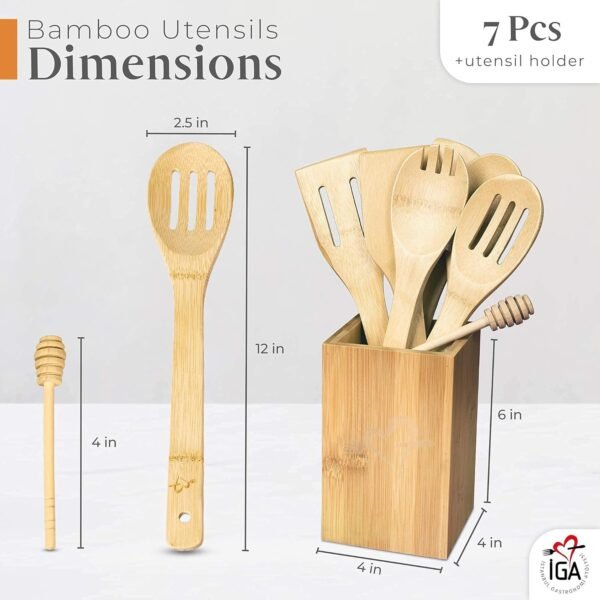IGA Organic Bamboo Cooking Utensils Set Spoons, Spatulas With Holder For High Heat Resistant In Nonstick Pots, Pans & Cast Irons Skillets (8-Piece Set) Great Gift Idea For Everyday Use - Image 4