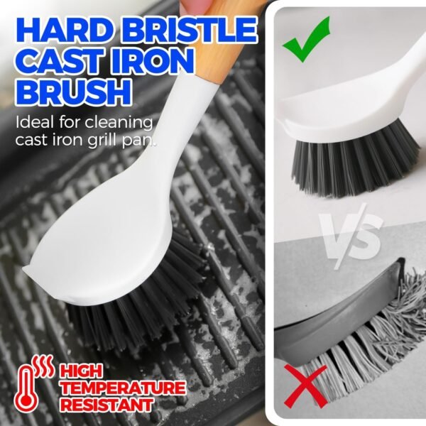 Holikme 3 Pack Dish Brush Set with Bamboo Handle, Kitchen Scrub Brush for Cleaning Dish, Pot, Sink and Stove, Skillet Scrubber with Tough Bristles for Cast Iron Grill Pan, Yellow White Black - Image 3