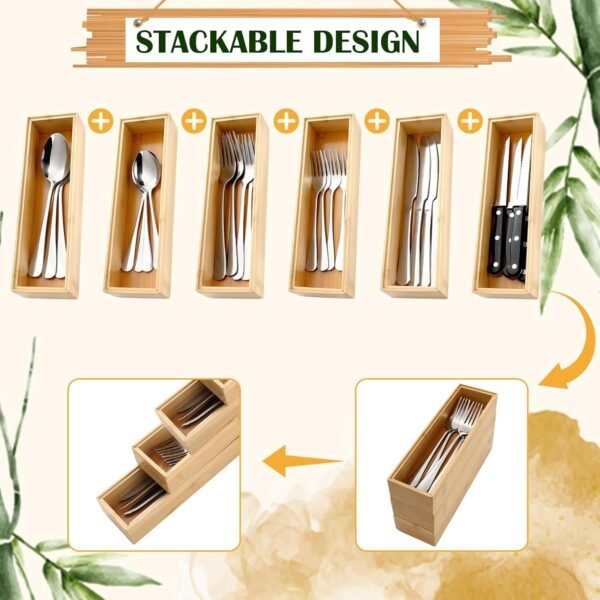 Baderke 6 Pcs Bamboo Drawer Organizer Long Stackable Storage Box Set with 24 Pcs Utensils for 4 People Use Kitchen Silverware Organizer for Outdoor Picnic, Family Party, Kitchen Drawer Storage - Image 3